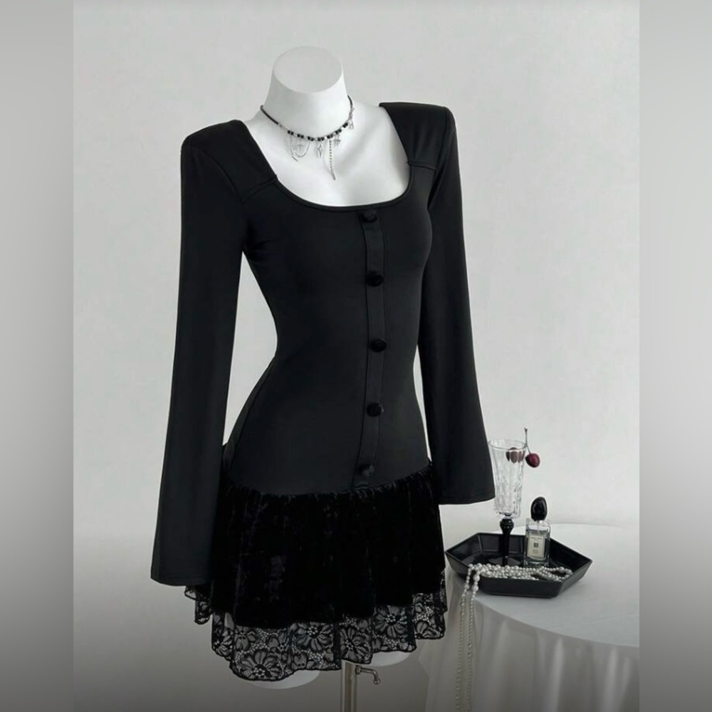 NEW SIMPLE GOTH VELVET LACE TRIM DRESS